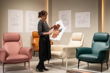 Designer italiana consulta campioni di pelle e disegni tecnici nello showroom di Pieve Emanuele