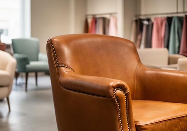 Dettaglio di una poltrona in pelle color cuoio nello showroom arredamento pelle di Pieve Emanuele