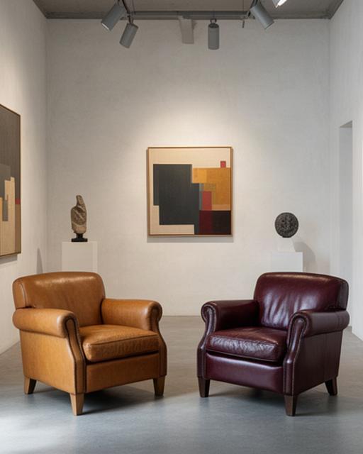Due poltrone in pelle color cuoio in una piccola galleria d'arte con opere alle pareti