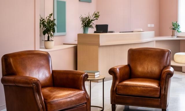 Reception di uno studio legale a Milano con poltrone compatte in pelle e tavolino coordinato