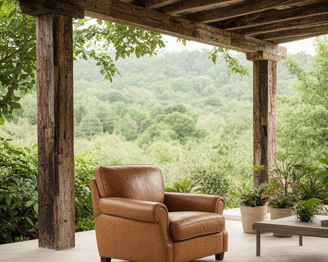 Terrazza coperta con poltrona in pelle e struttura in legno di recupero affacciata sul verde